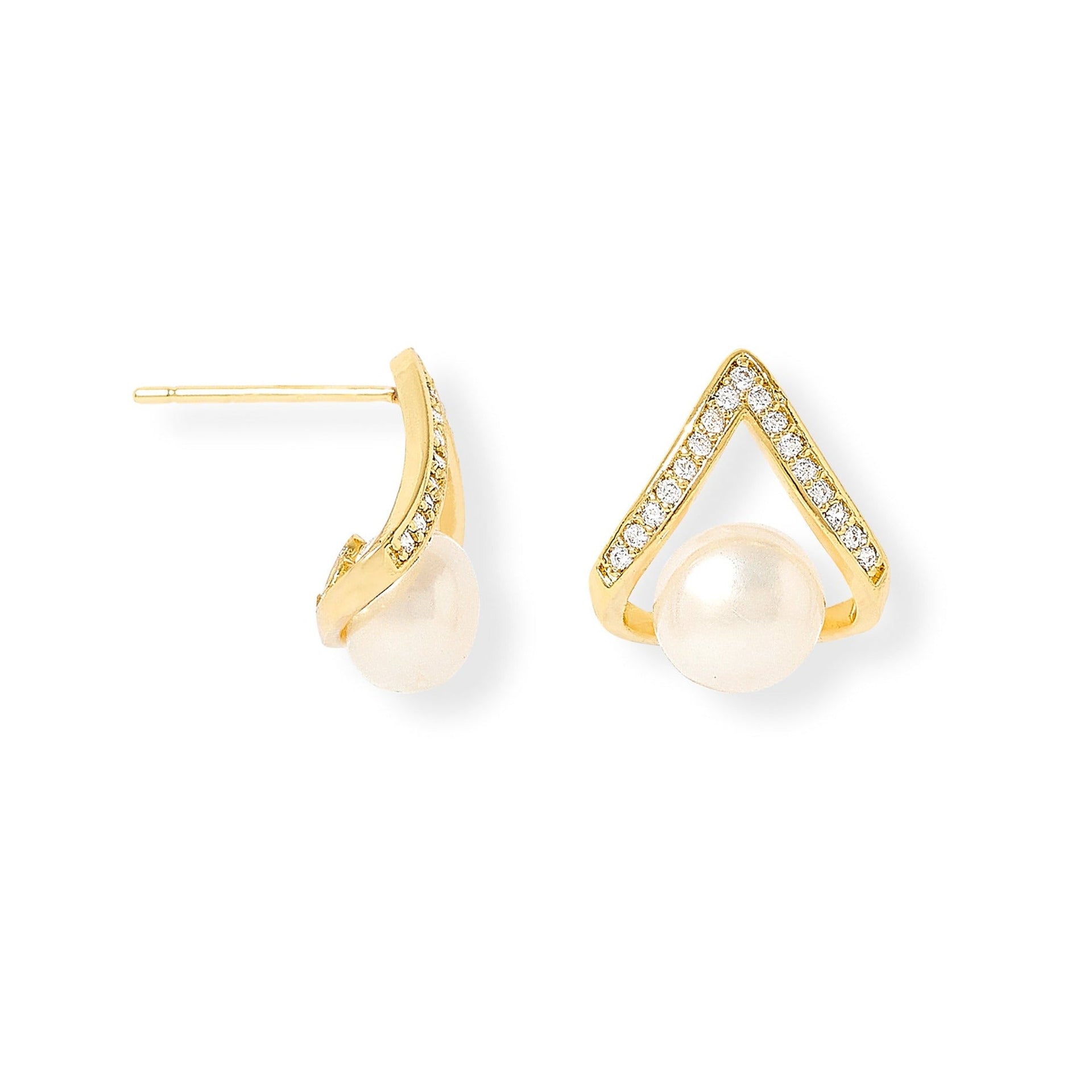 Stella Gold Pave Triangular Studs With Cultured Freshwater Pearls