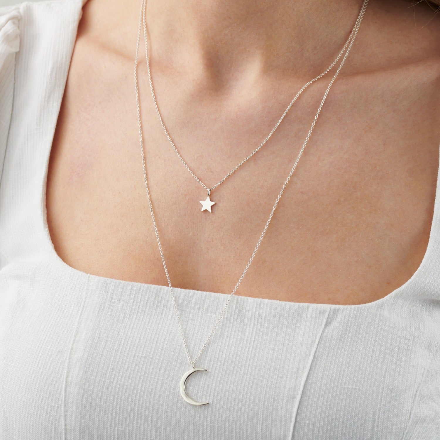 Sterling Silver Moon And Star Layered Necklace Set