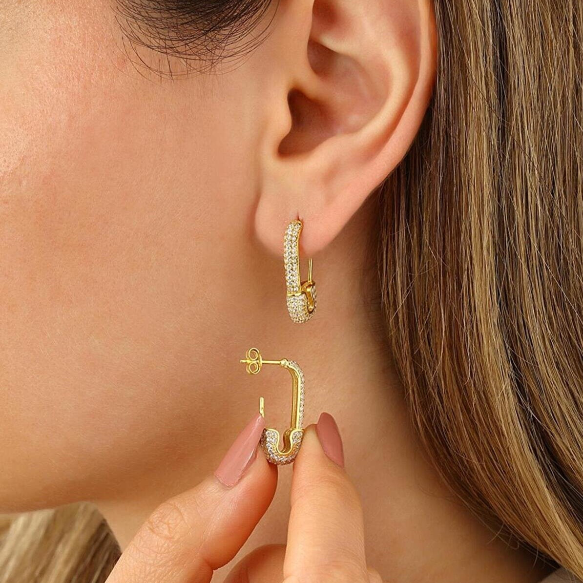 Sterling Silver Safety Pin Stud Croissant Ear Cuff Evil Eye Earring Se