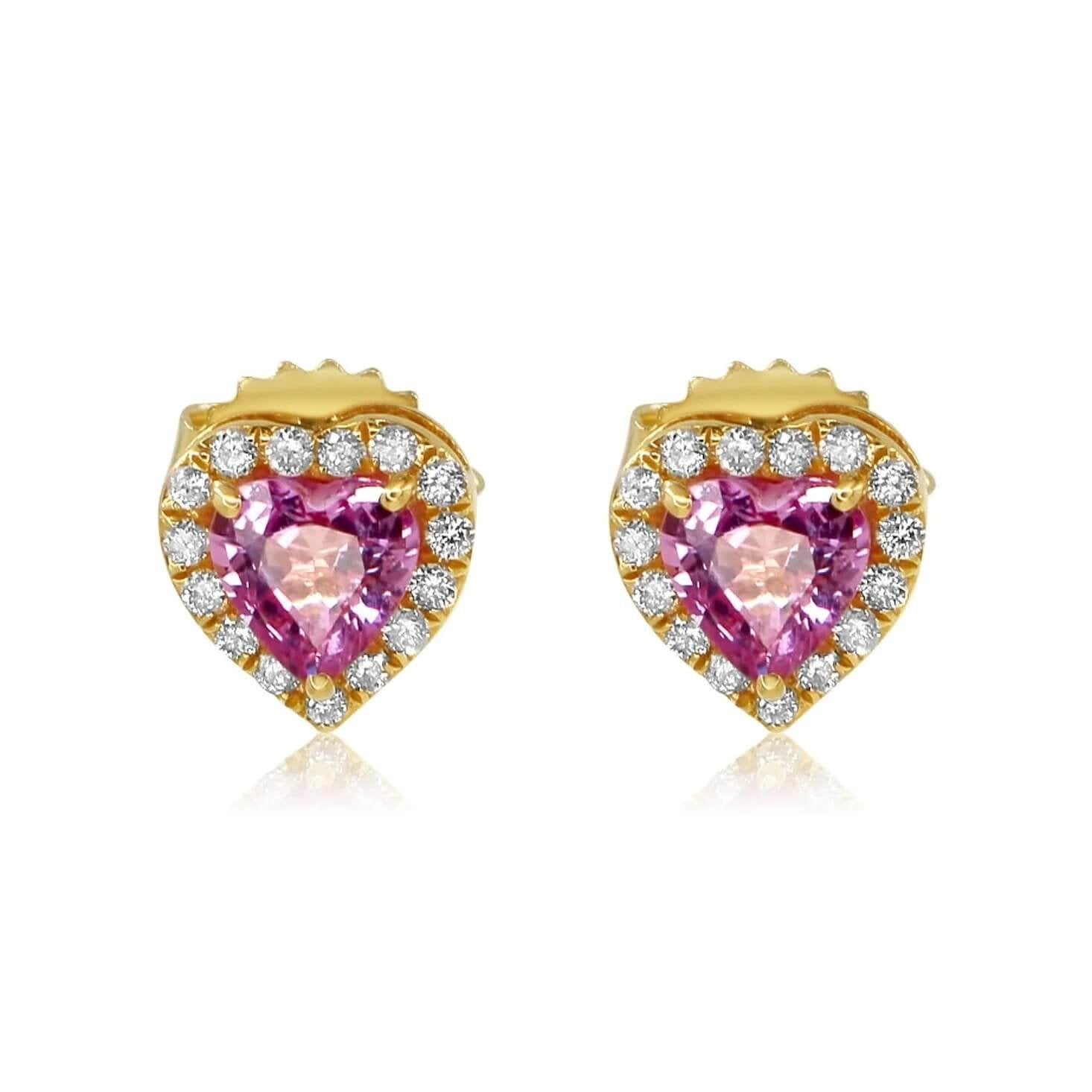 gold-diamond-heart-shaped-pink-sapphire-stud-earrings