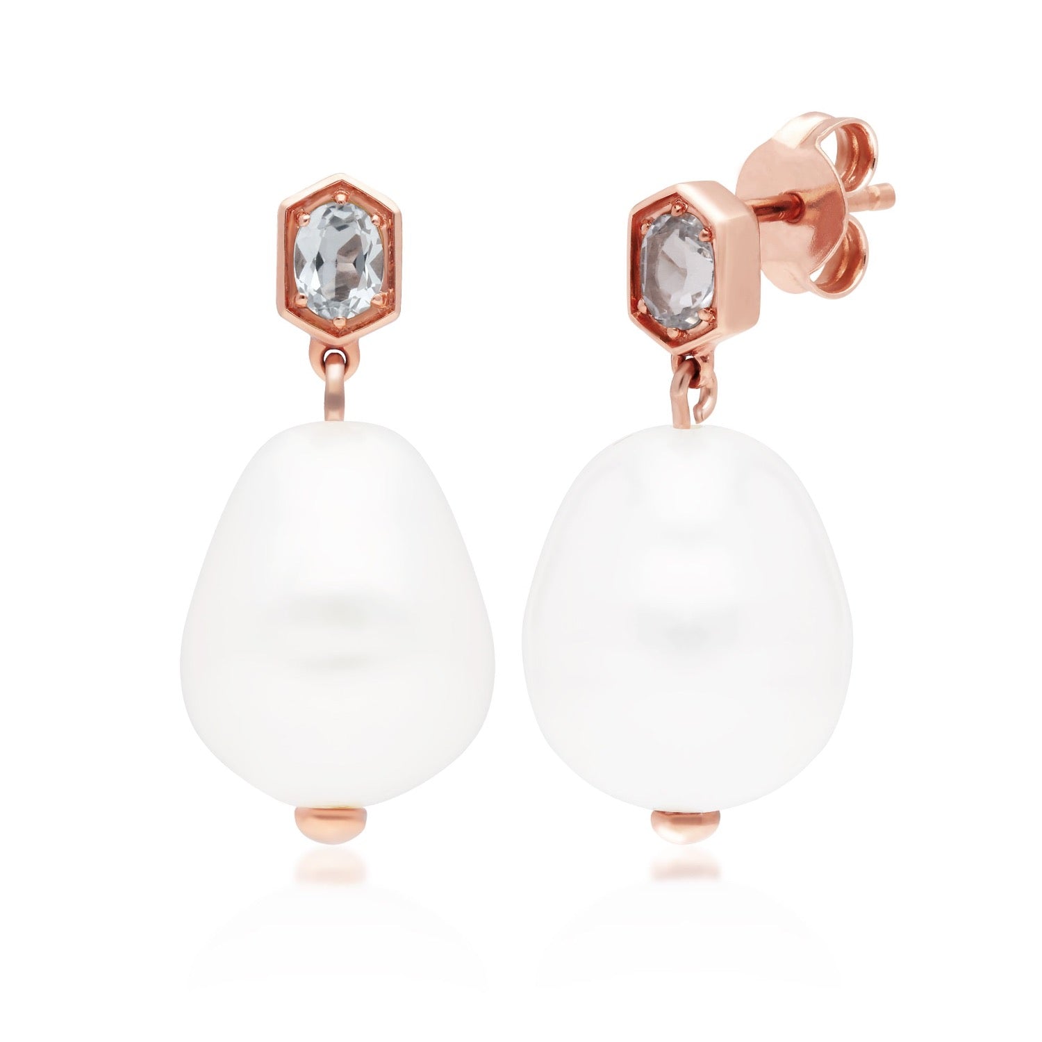 Baroque Pearl Aquamarine Drop Earrings In Rose Gold Plated Silver