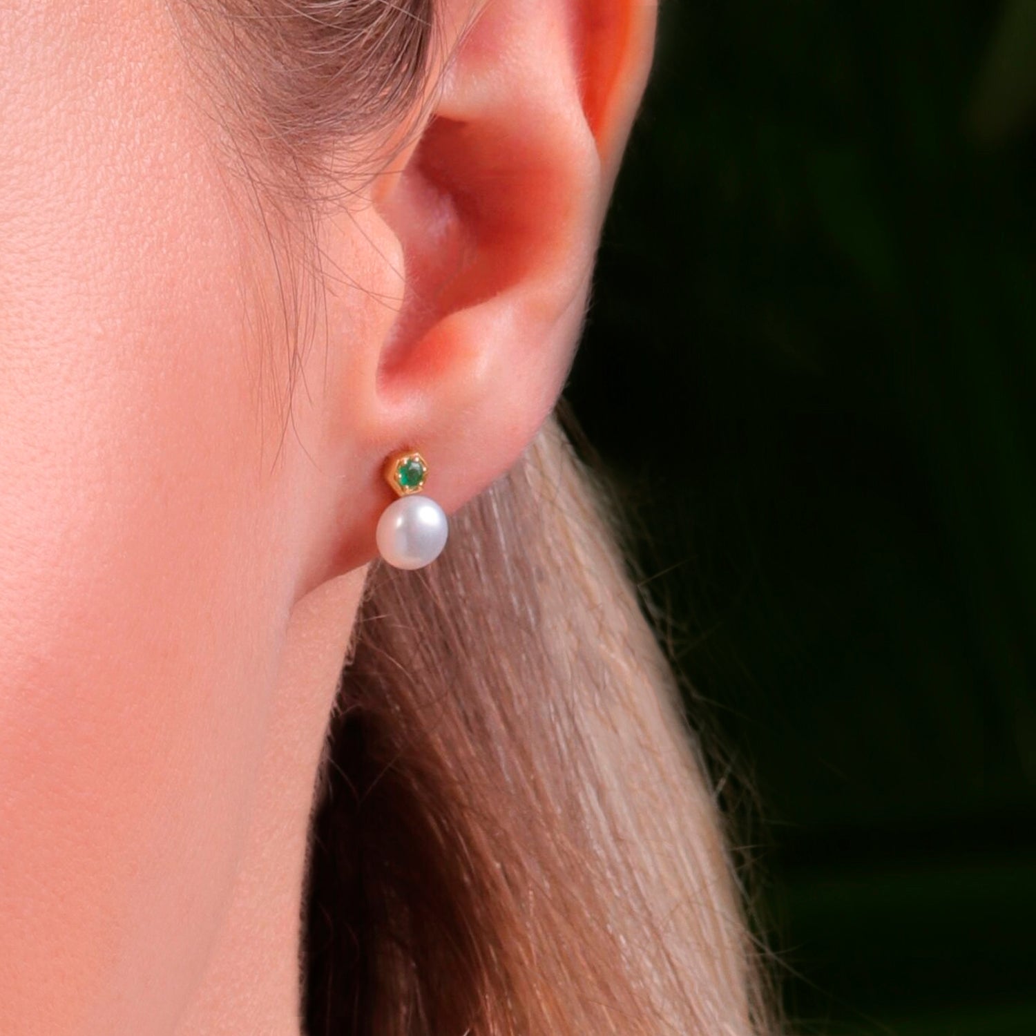 White Pearl Emerald Earrings In Yellow Gold