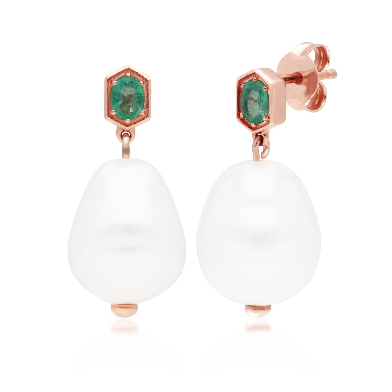 Baroque Pearl Emerald Drop Earrings Rose Gold Plated