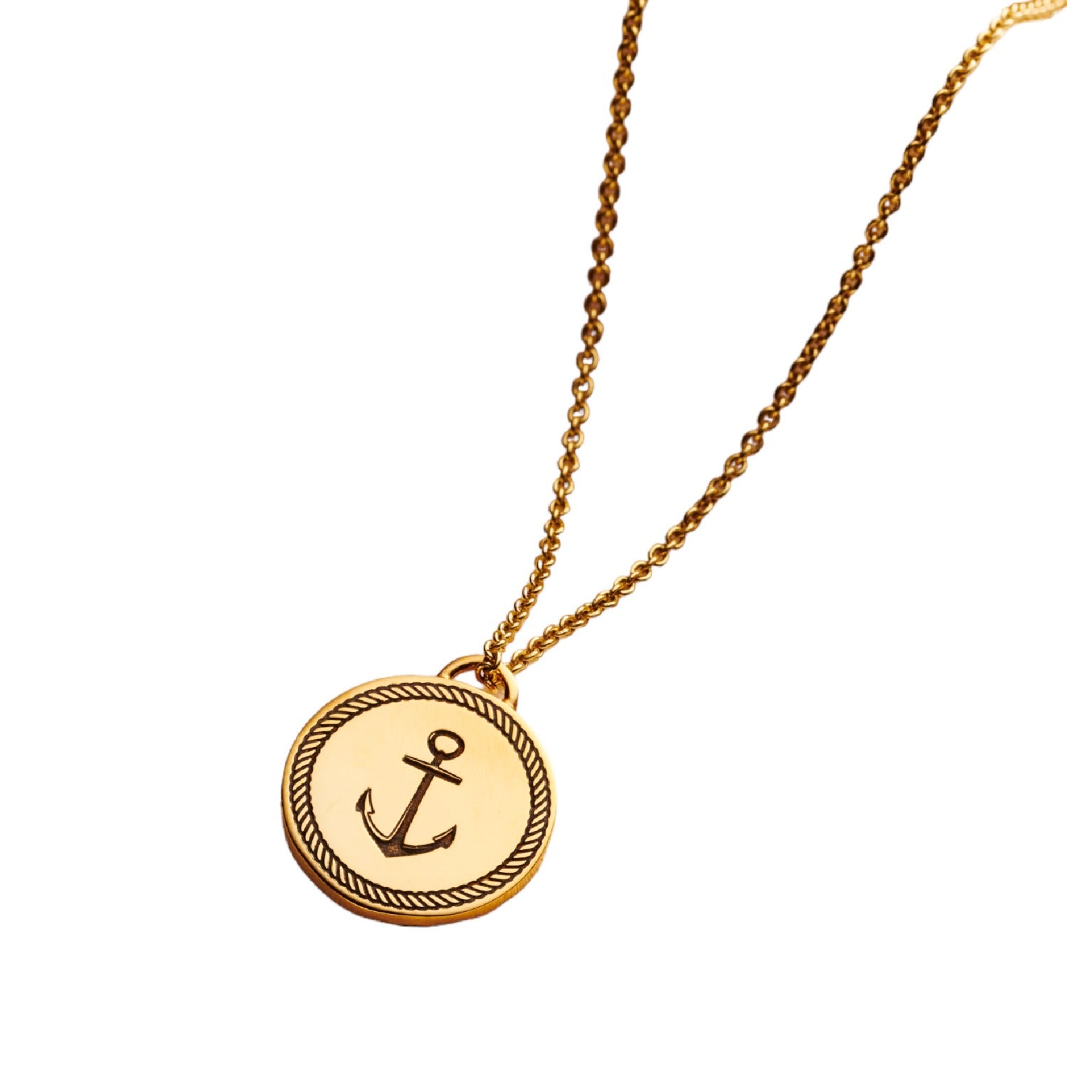 Yellow Gold Plated Nautical Anchor Disc Necklace