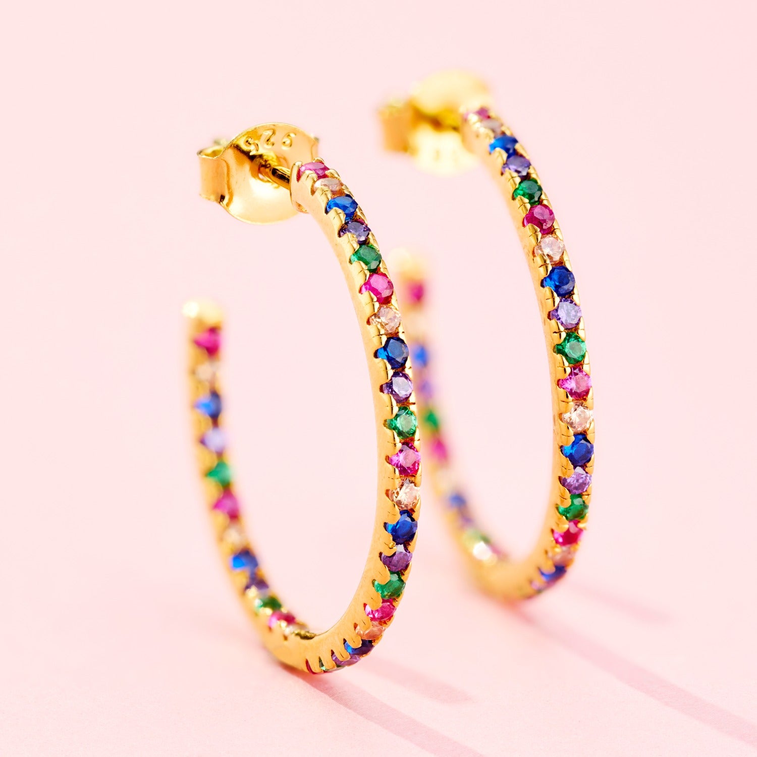 Yellow Gold Plated Rainbow Cz Birthstone Hoop Earrings