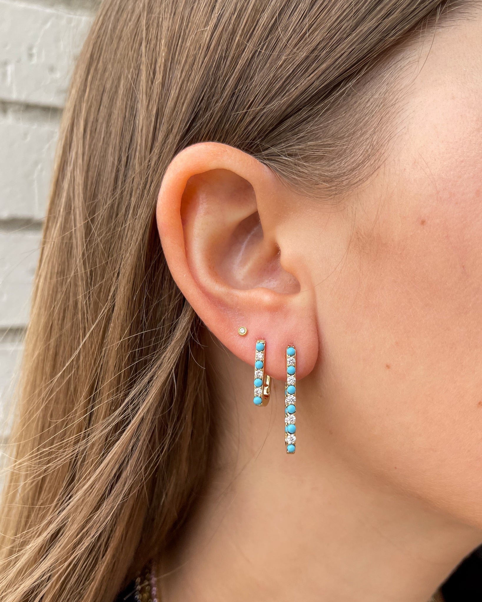 Diamond & Turquoise Small Paperclip Yellow Gold Hoop Earrings