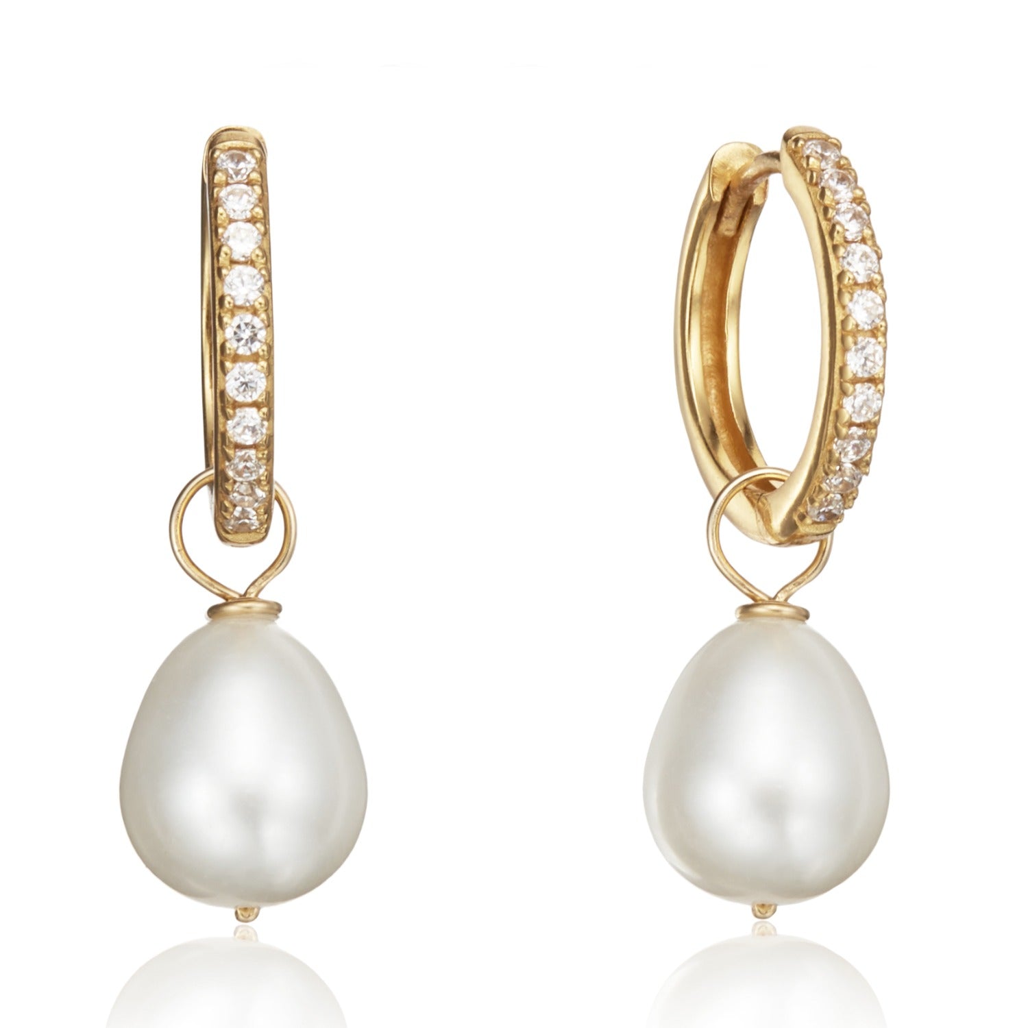 Gold Diamond Style Large Pearl Drop Hoop Earrings