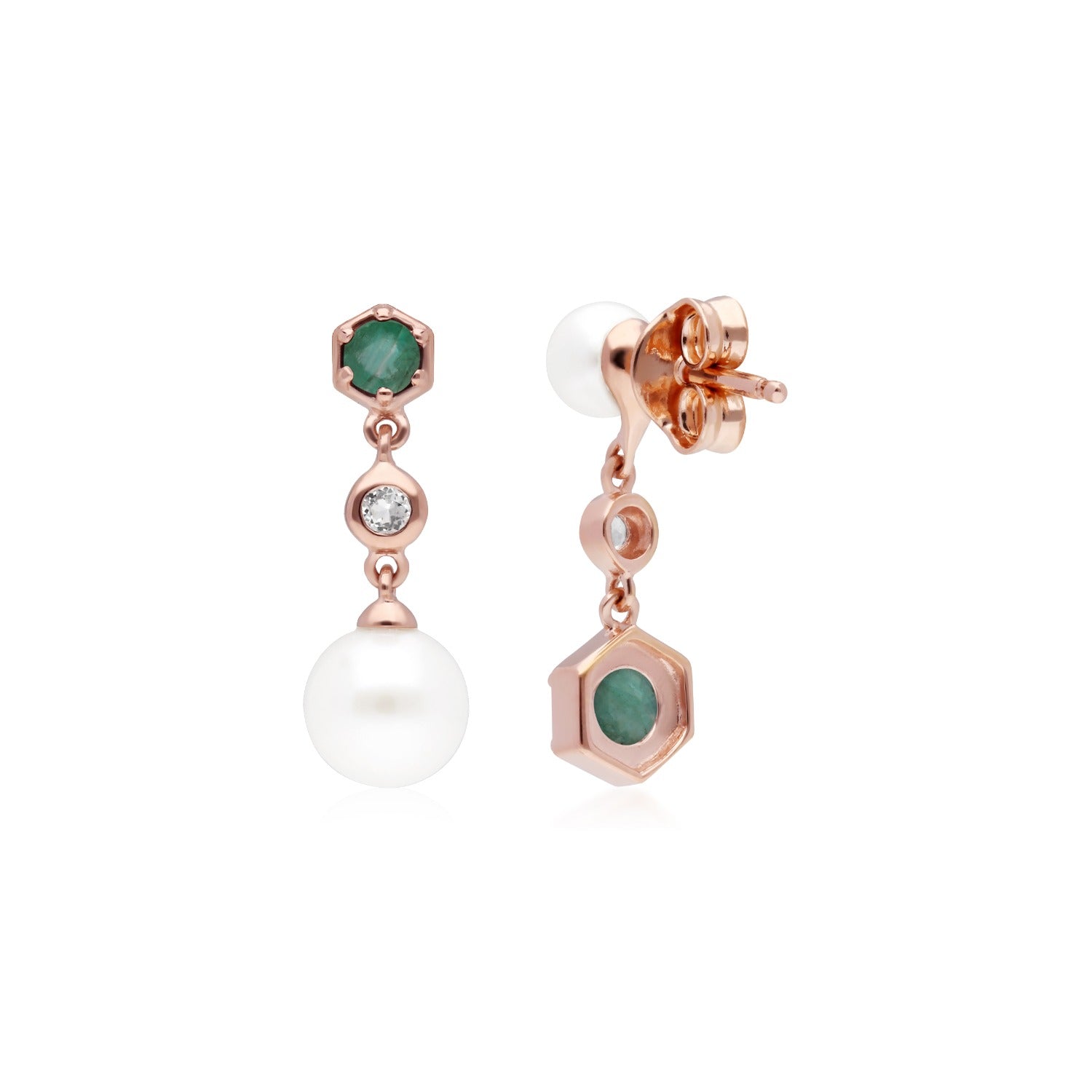 Mismatched Emerald Pearl Topaz Dangle Earrings In Rose Gold Plated Silver